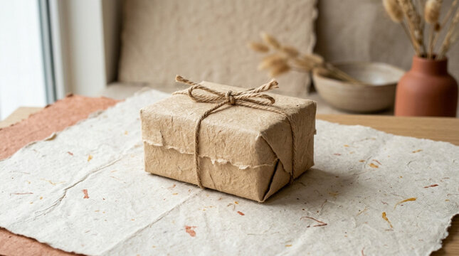 Valentine craft gift box wrapped in recycled paper with twine bow