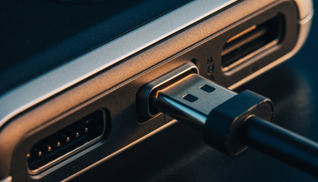 Usb type c cable plugged into a metallic laptop port
