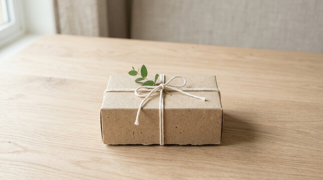 Minimalist valentine kraft paper gift box with twine on wooden table