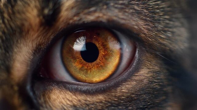 Extreme macro photorealistic cinematic footage of a beautiful wild wolf's eye featuring a warm golden iris
