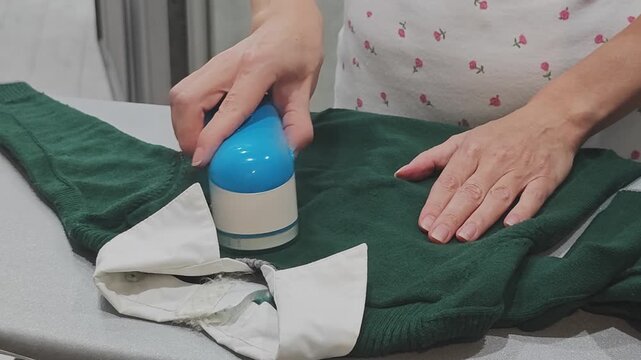 Homemaker using modern electric lint remover on green knit sweater, carefully eliminating fuzz and pills indoors