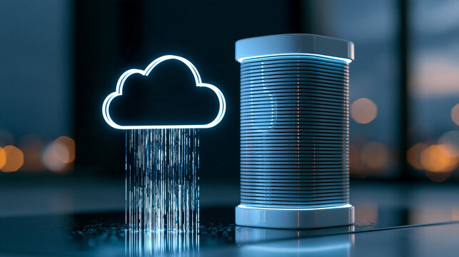 Minimalist white neon cloud icon floating over a single tall server tower with luminous data streams flowing upward, glossy reflective surface, cloud migration concept, 3d render,