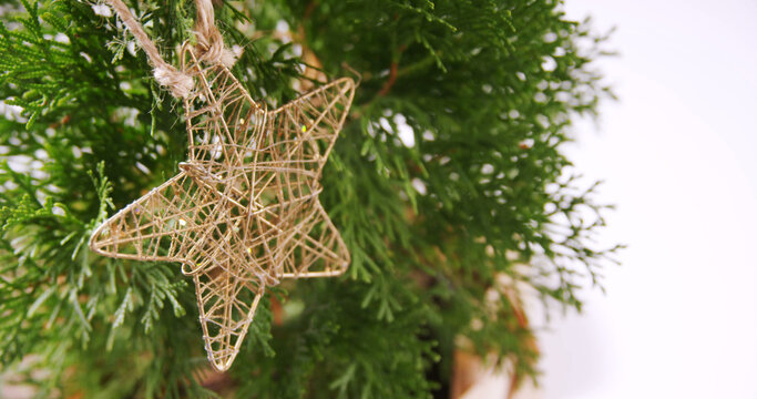 Close up of star christmas decoration on christmas tree with copy space