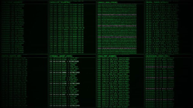 Green Satellite Telemetry Firewall Socket State And Blockchain Ledger Data Wall.