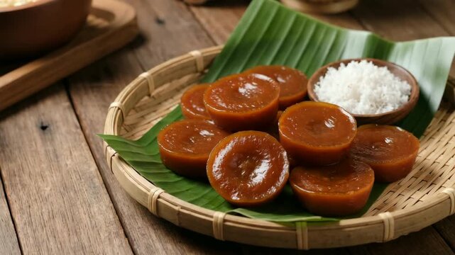 Traditional filipino kutsinta brown sugar rice cakes on a wood table close view orbit