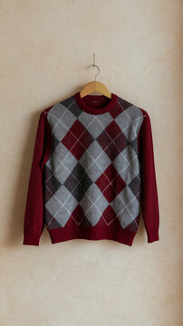 Classic argyle pattern sweater in burgundy and grey, displayed on a wooden hanger against a textured neutral plaster wall, showcasing traditional knitwear fashion