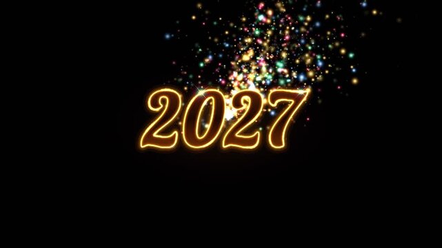 Glowing gold 2027 numerals with colorful sparkling confetti particle shower