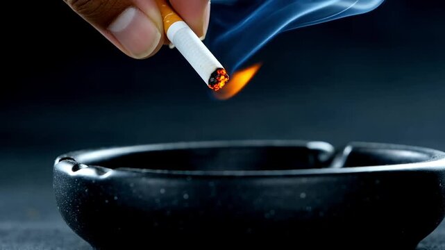 Hand holding lit smoking cigarette over dark ceramic ashtray close up