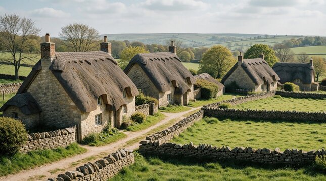 Traditional thatched roof stone cottages in rural English village. Old historic houses stand along dirt path near green fields, stone walls. Quaint countryside landscape with hills, trees under blue