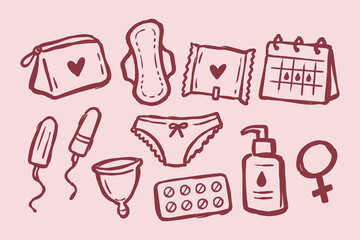 Fototapeta na wymiar Menstrual Hygiene Products Vector Set. Hand Drawn Doodle Tampons, Pads and Menstrual Cup Isolated on pink