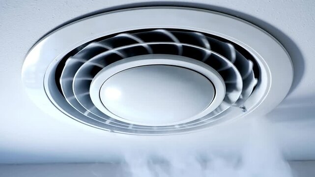 Round ceiling air conditioner vent blowing cold white vapor air flow in modern room