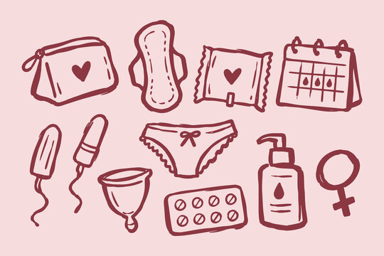 Menstrual Hygiene Products Vector Set. Hand Drawn Doodle Tampons, Pads and Menstrual Cup Isolated on pink