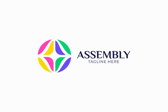 Minimalist Colorful Circle Logo Template with Geometric Petal Starburst Icon. Modern Abstract Assembly Brand Identity Emblem for Creative Agency Media and Technology Business.