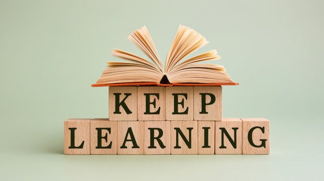 Open hardcover book resting on top of wooden letter blocks that spell keep learning on a neutral background.