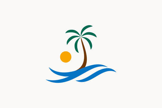 Minimalist Palm Tree Logo Template with Ocean Wave and Orange Sun Icon. Modern Tropical Beach Brand Identity Emblem for Resort Travel Hospitality and Vacation Tourism.
