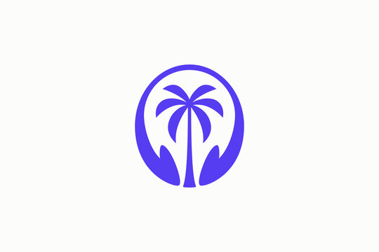Minimalist Purple Palm Tree Logo Template with Audio Headphone Circle Icon. Modern Tropical Music Brand Identity Emblem for Radio Podcast Sound Studio and Travel Business.