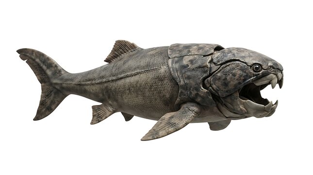 Detailed reconstruction of a prehistoric armored fish, Dunkleosteus, with its mouth open, isolated on a white background.