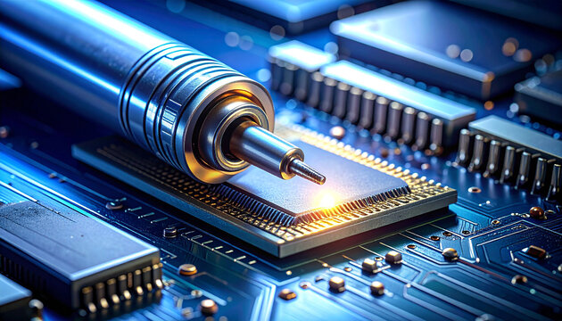 Soldering Station on Microchip: A close-up macro shot captures a soldering station meticulously working on a surface-mount integrated circuit on a circuit board.