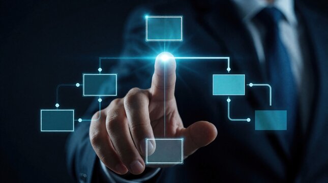 Businessman hand touches digital decision tree diagram hologram. Man uses futuristic interface for scenario analysis, strategic planning. AI algorithm helps manager evaluate business risk,