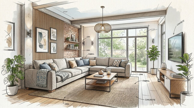 Modern Living Room Interior Design Sketch with Large Sectional Sofa Coffee Table and Large Windows Overlooking Garden