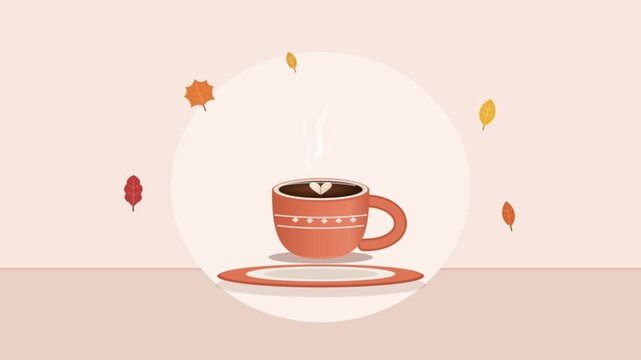 Animated autumn coffee cup steaming above saucer with falling leaves in warm tones