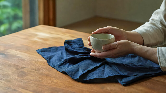 Hands holding a ceramic cup above blue wrapping cloth