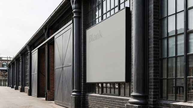 Blank fascia sign board above coffee roastery in converted warehouse showing light grey landscape in three quarter perspective