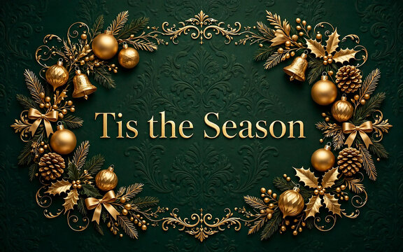 Tis the Season golden typography with luxury festive frame and green background