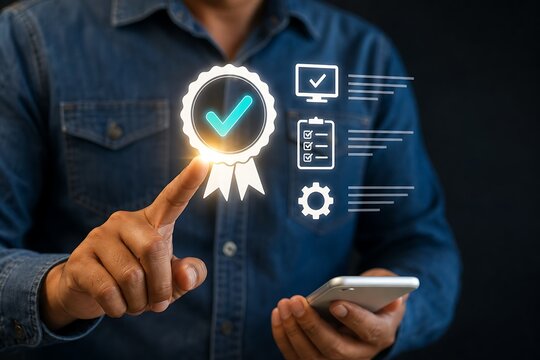 Man pointing at glowing quality assurance badge hologram interface with checklist and gear icons