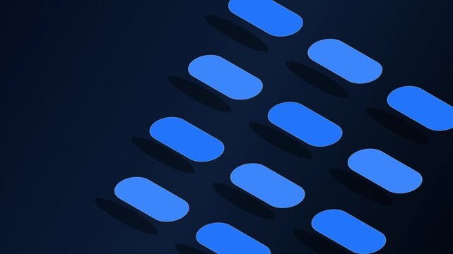 Abstract 3D motion graphic featuring a neat grid of glowing blue rounded rectangular pill shapes casting soft shadows against a dark navy blue gradient background in clean corporate style