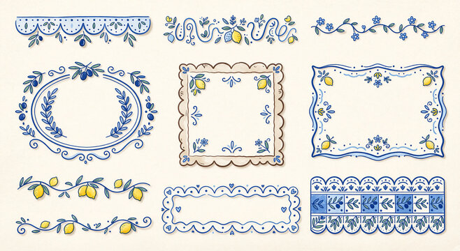 Mediterranean Style Tile Borders and Lemon Frames Collection. set of hand-drawn ceramic tile-inspired borders and frames featuring traditional blue flourishes, intricate lace trims, and yellow lemons.