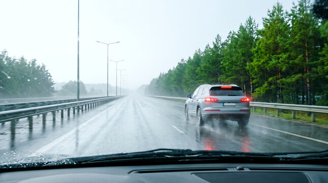 A car driving on a wet highway during rainy weather with a view through the windshield showing road conditions and safety precautions.