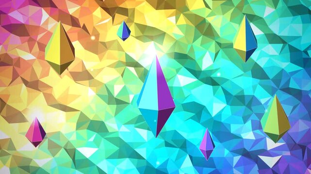 Vibrant colorful low poly geometric crystals floating against a shifting rainbow mosaic background with bright glowing light effects