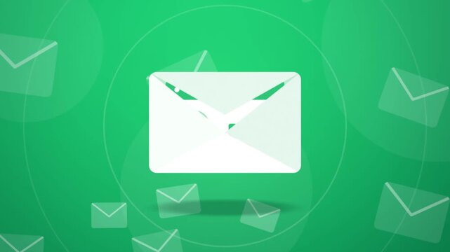 Digital white email envelopes floating against vibrant green background displaying incoming messages and business charts