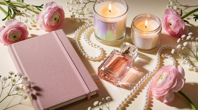 Elegant pink journal with pearl necklace, luxury perfume bottle, scented candles. Fresh pink ranunculus flowers, baby breath decorate cream surface. Feminine aesthetic setup for wellness ritual, self