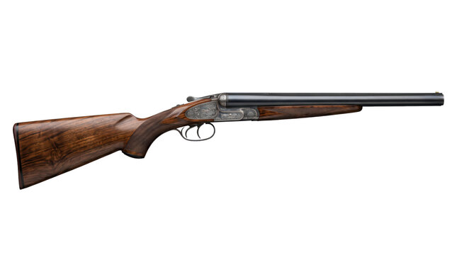Engraved double barrel shotgun with polished wooden stock on transparent background. Hunting firearm and sporting gun. Traditional gunsmith craft and outdoor shooting equipment.