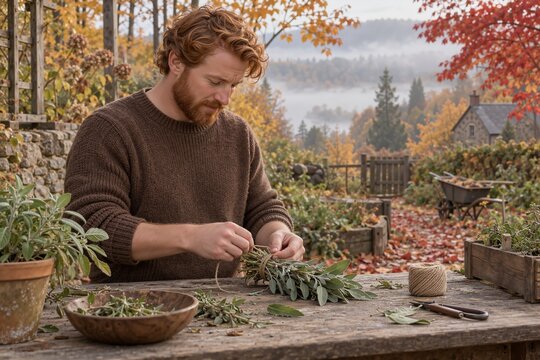Man tying sage bundle at autumn potting table with colorful leaves and herbs gathered in background.