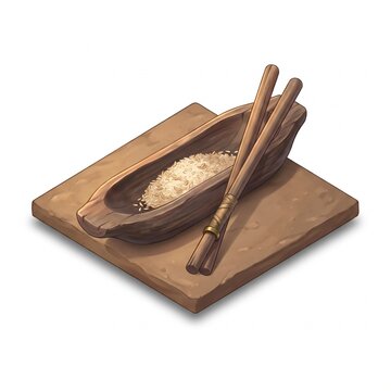 Isometric lesung rice mortar with long wooden pestles