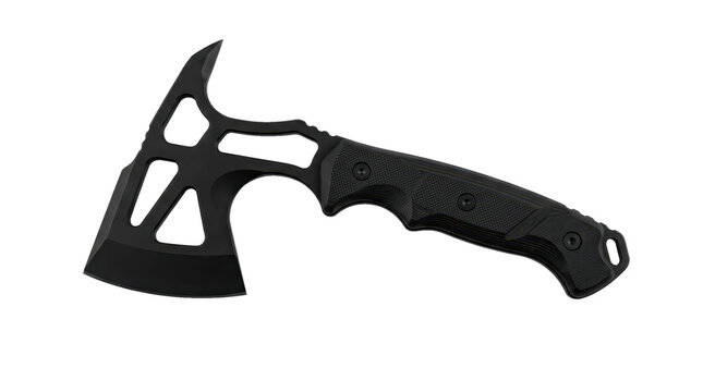 Black tactical hatchet with cutout steel head and textured grip on transparent background. Outdoor survival and camping equipment. Bushcraft tool for chopping and wilderness preparedness.