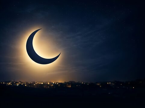 Crescent moon over city lights at night sky.