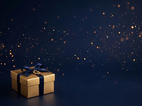 Gold gift box with dark blue ribbon on navy background sparkles.