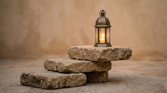 Ornate lantern on stone steps with warm candle light.