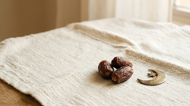Dates and Islamic crescent moon symbol on a textured fabric for Ramadan.