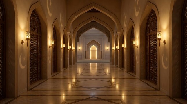 Long Islamic corridor with arched doorways and patterned lights.