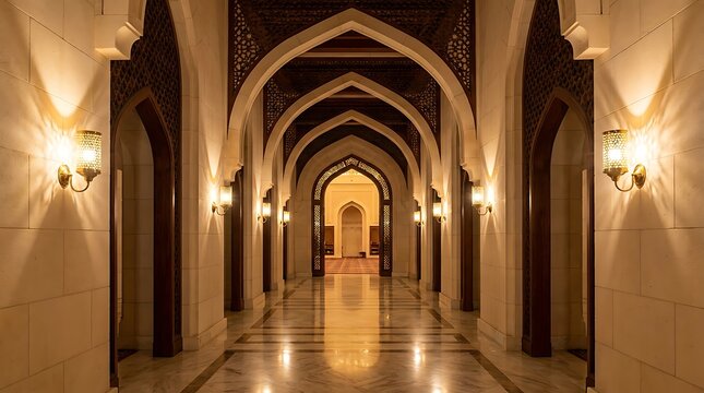 Ornate Islamic hallway with repeated arches and ambient lighting.
