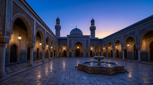 Peaceful mosque courtyard bathed in twilight glow with fountain.