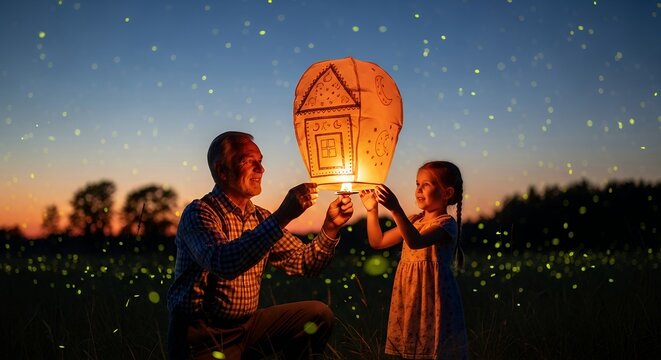 grandfather and young girl releasing a glowing paper lantern shaped like a house at dusk, surrounded by fireflies in a field