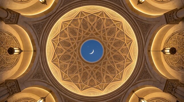 Islamic dome ceiling with geometric patterns and crescent moon sky.