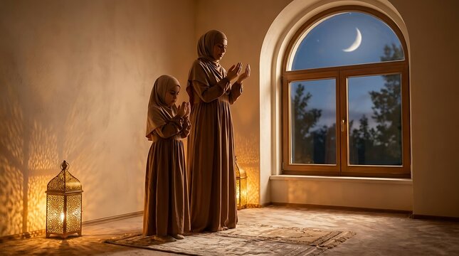 Mother and daughter praying together on mat in Ramadan night.
