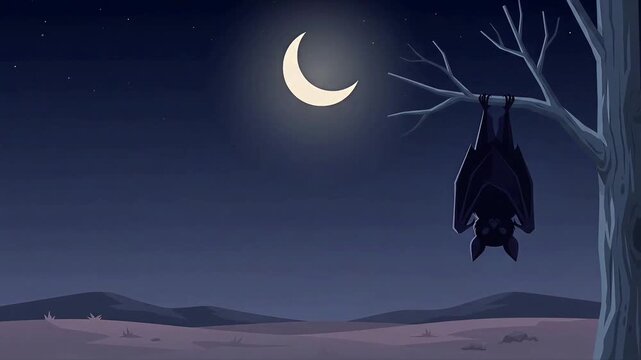 Vector landscape animation of cute bat hanging upside down from dead tree branch with crescent moon and night sky